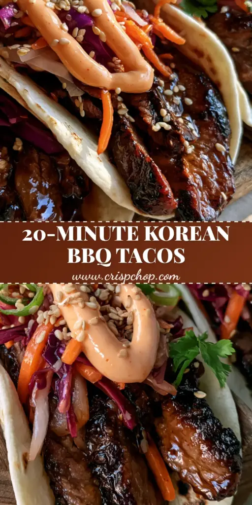 Three street-style Korean BBQ Tacos with charred ribeye beef, glossy bulgogi glaze, and purple cabbage slaw in a rustic wooden rack.
