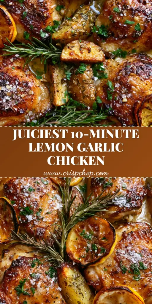 A rustic roasting pan filled with Lemon garlic roast chicken, crispy gold potatoes, and charred lemon wheels on a marble countertop.