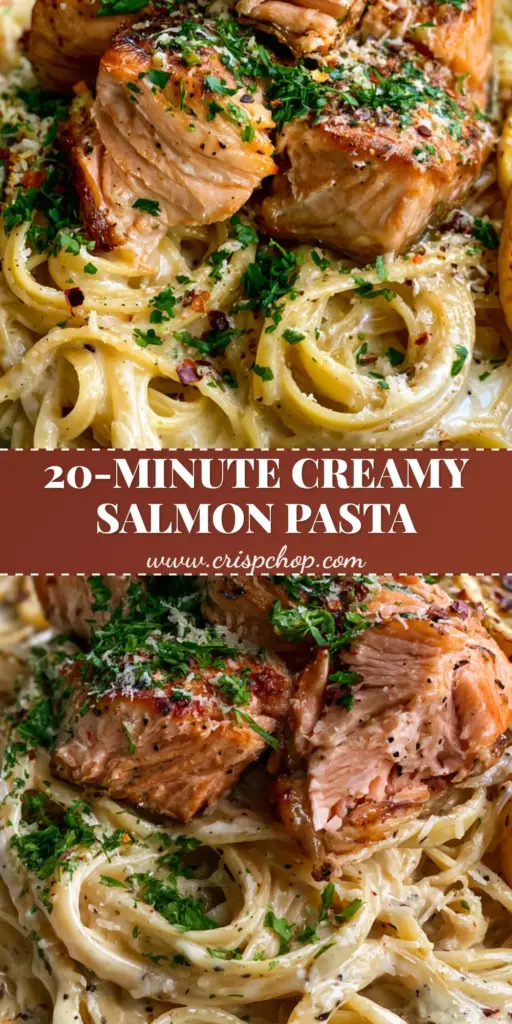 A premium bowl of creamy salmon pasta with pan-seared salmon chunks, fettuccine, and charred lemon wheels.