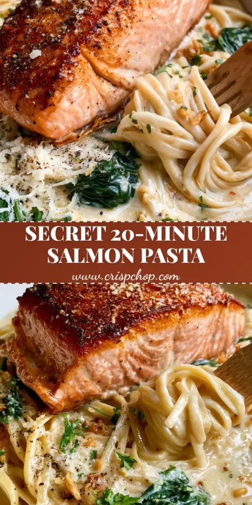 A luxury white bowl of creamy linguine with a large golden-brown seared salmon fillet, fresh baby spinach, and lemon zest. (spinach salmon pasta recipe)
