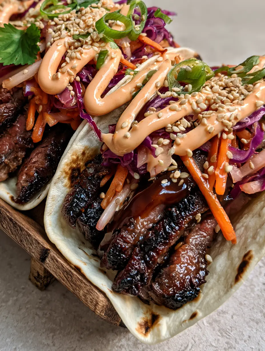 A close-up handheld photo of three Korean BBQ Tacos with caramelized beef and sriracha mayo drizzle.