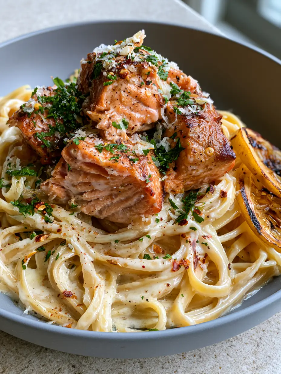 Close-up of golden seared salmon chunks on top of fettuccine in a glossy ivory cream sauce. (salmon pasta)