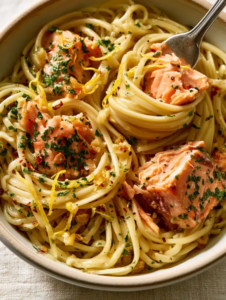 Canned Salmon Pasta with Garlic Butter and Lemon 2 Top-down shot of canned salmon pasta in a ceramic bowl with lemon zest strips and minced parsley.