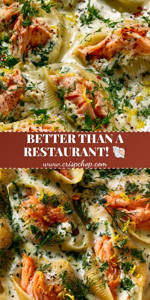 A close-up high-angle shot of salmon stuffed shells in a glossy garlic cream sauce with fresh dill and lemon zest.