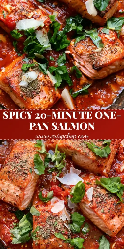 A top-down shot of a cast iron skillet featuring three seared Salmon all'Arrabbiata fillets in a chunky red tomato sauce with basil and pecorino.