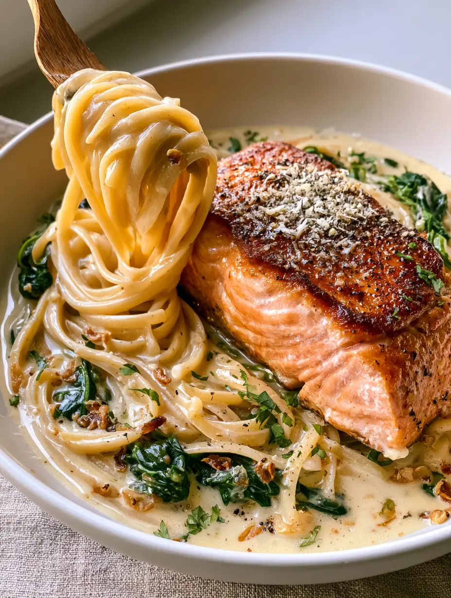 Close-up of a wooden fork lifting creamy linguine from a white bowl with pan-seared salmon. (spinach salmon pasta recipe)