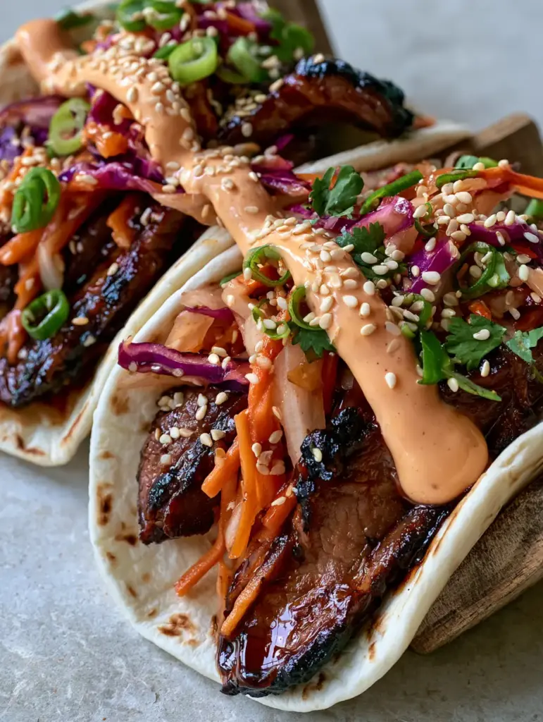 Detail shot of the glossy soy-ginger glaze on Korean BBQ Tacos protein with fresh scallions and sesame seeds.