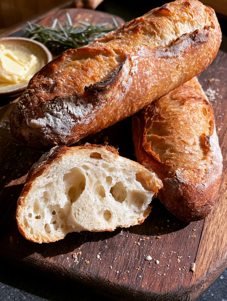 Detailed shot of French bread crust highlighting the blisters and raw flour dusting on a rustic wooden board.