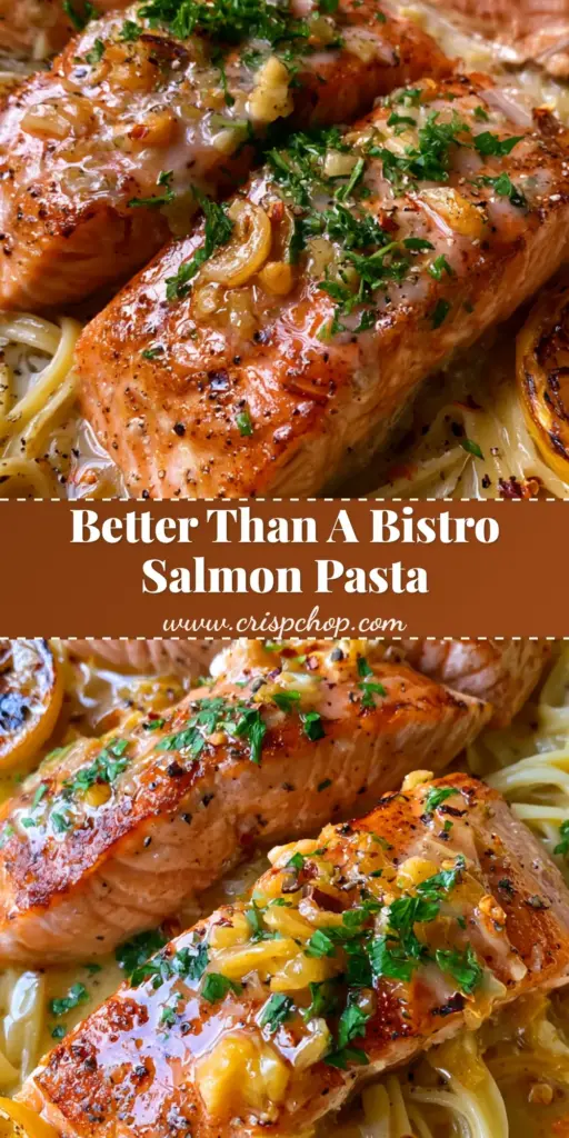 Lemon Garlic Salmon Pasta: The Ultimate 20-Minute Skillet Dinner 4 A top-down view of Lemon garlic salmon pasta in a ceramic skillet featuring three crispy-skin salmon fillets, fettuccine in a glossy sauce, and charred lemon slices.