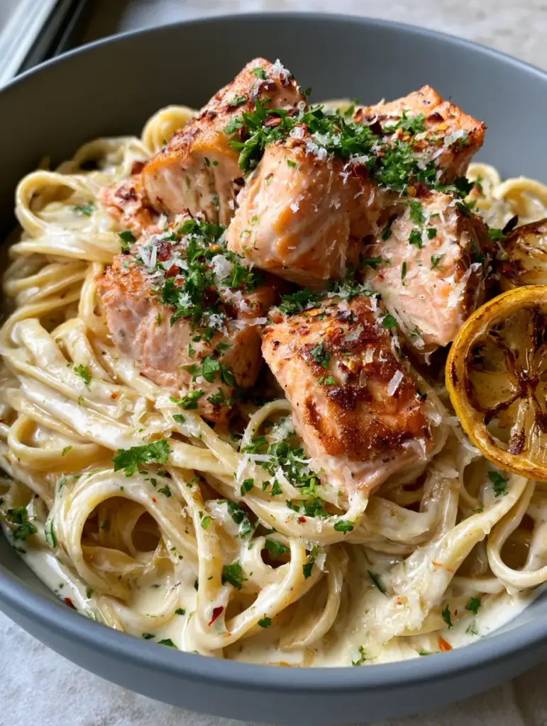 Top view of a matte grey bowl filled with salmon pasta, garnished with micro-planed parmesan and fresh parsley.