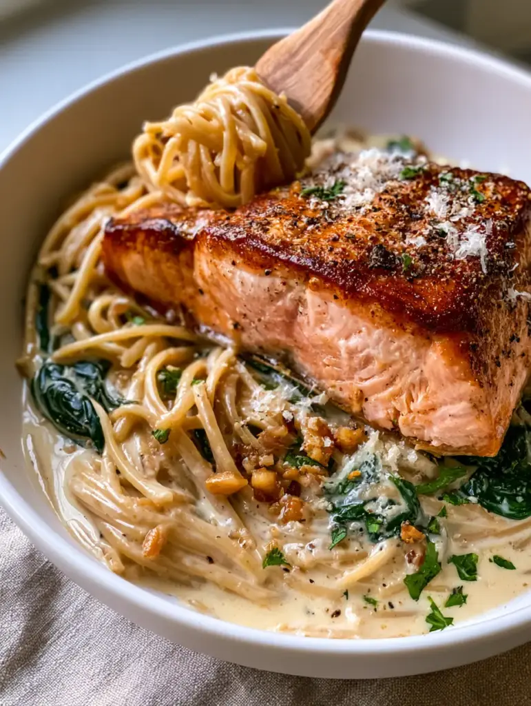 Top view of a spinach salmon pasta recipe featuring thick Atlantic salmon with a crust and fresh parsley garnish.