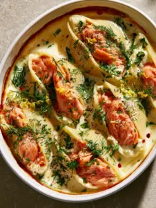 Rustic black cast iron skillet with three thick salmon fillets in a deep crimson Arrabbiata sauce with garlic and herbs. (Salmon all'Arrabbiata)
