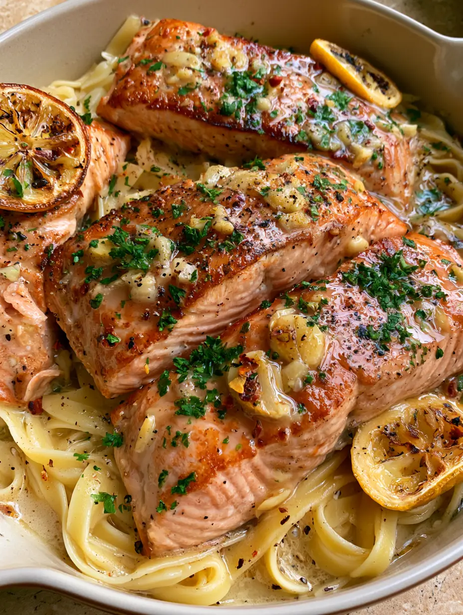 Lemon Garlic Salmon Pasta: The Ultimate 20-Minute Skillet Dinner 3 Close-up of crispy seared salmon fillets glazed in lemon garlic butter sauce on a bed of fettuccine.