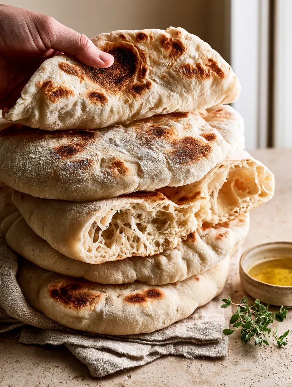 A hand gently folding a flexible Greek pita bread to show its soft, non-cracking texture. (Greek pita recipe)