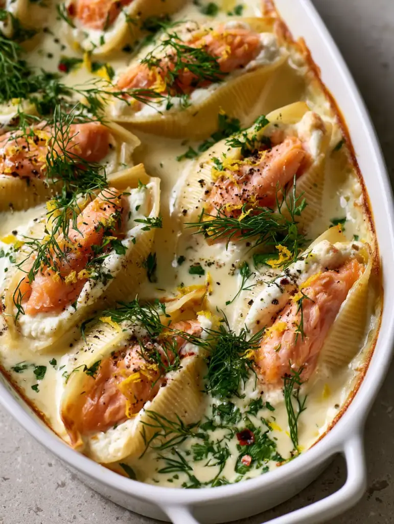 Detailed view of glossy garlic cream sauce and toasted parmesan on salmon stuffed shells.