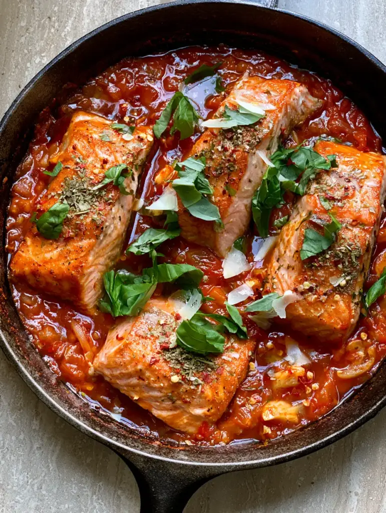 Close up of Salmon all'Arrabbiata garnished with fresh torn basil, dried oregano, and shaved Pecorino Romano cheese.