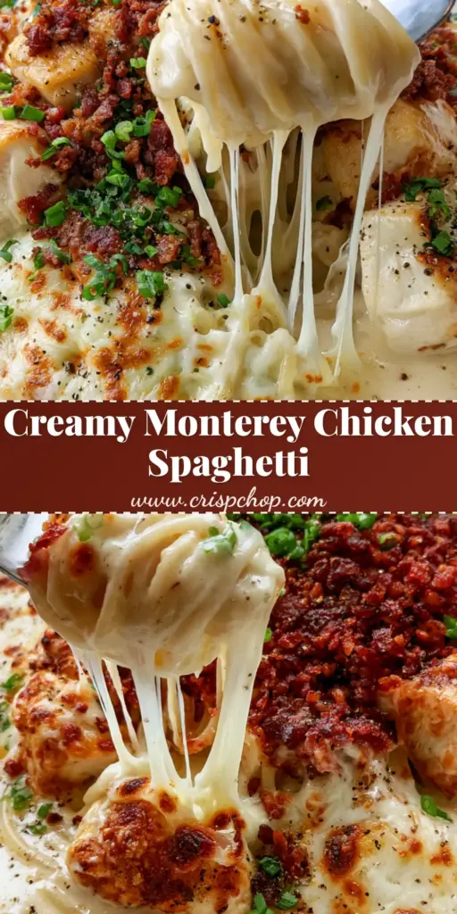 A close-up of Monterey Chicken Spaghetti featuring a silver fork lifting a cheesy swirl of pasta from a white bowl, showing long cheese pulls, crispy bacon, and golden chicken.