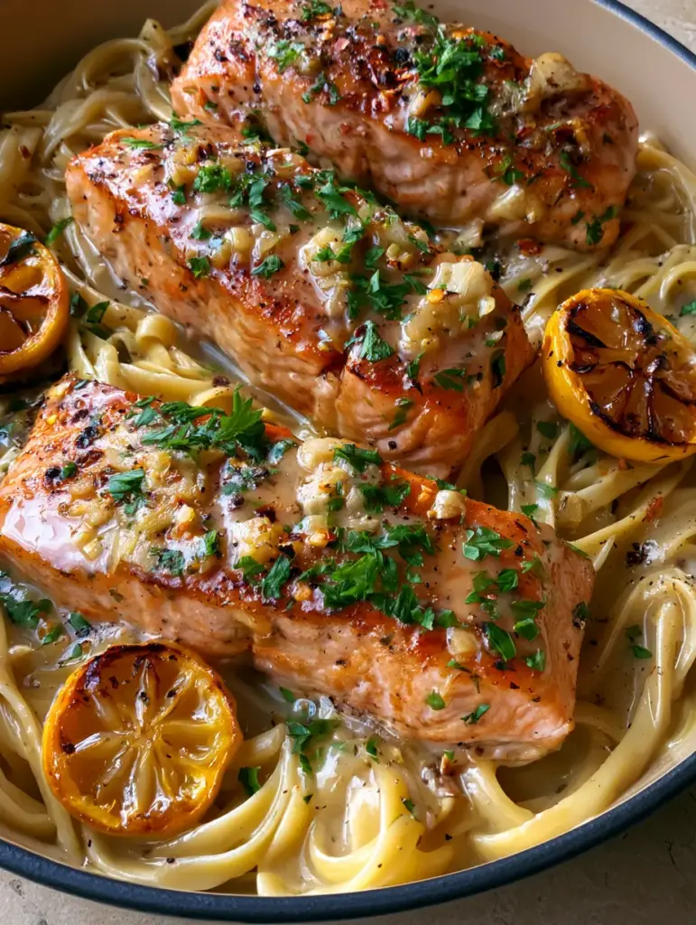 Lemon Garlic Salmon Pasta: The Ultimate 20-Minute Skillet Dinner 1 Handheld smartphone shot of lemon garlic salmon pasta with visible minced garlic, parsley, and chili flakes.