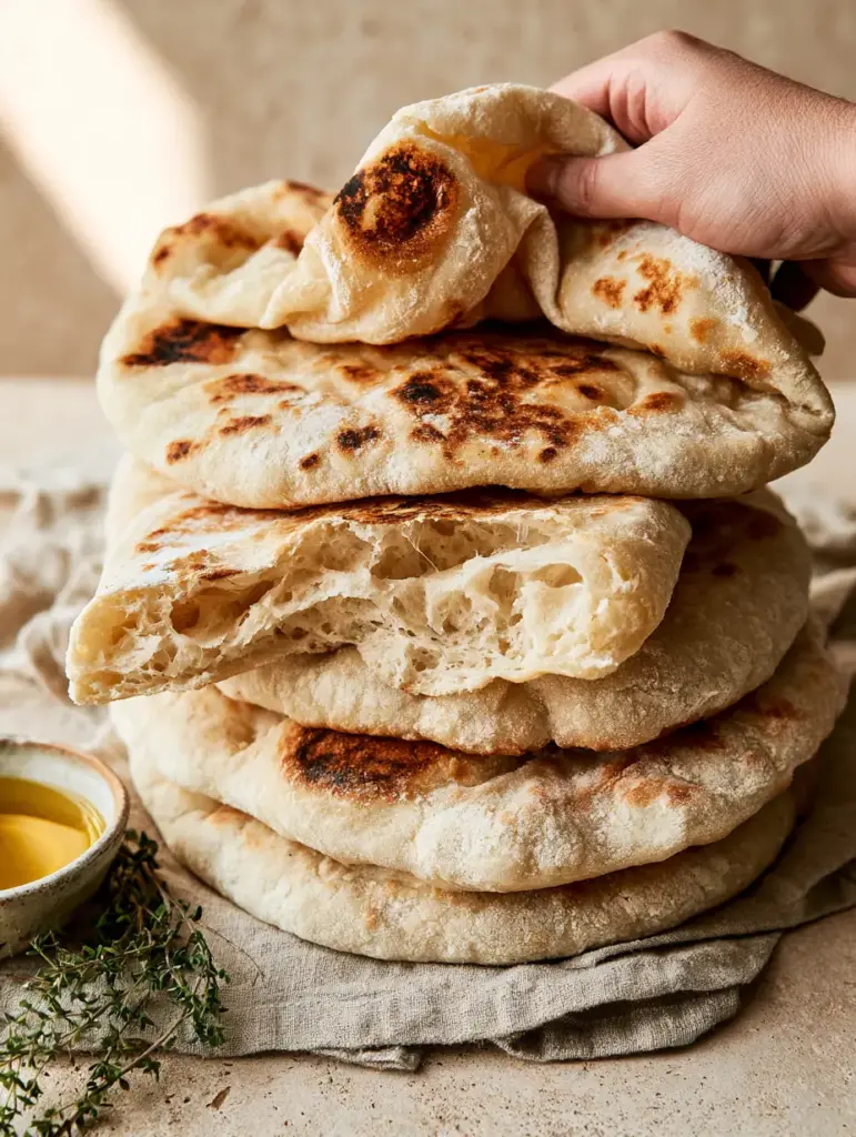 Close-up cross section of a Greek pita bread showing the steamy honeycomb interior texture.