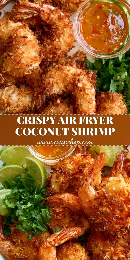 A close-up shot of crispy air fryer coconut shrimp on a white plate with sweet chili sauce. (Coconut shrimp)