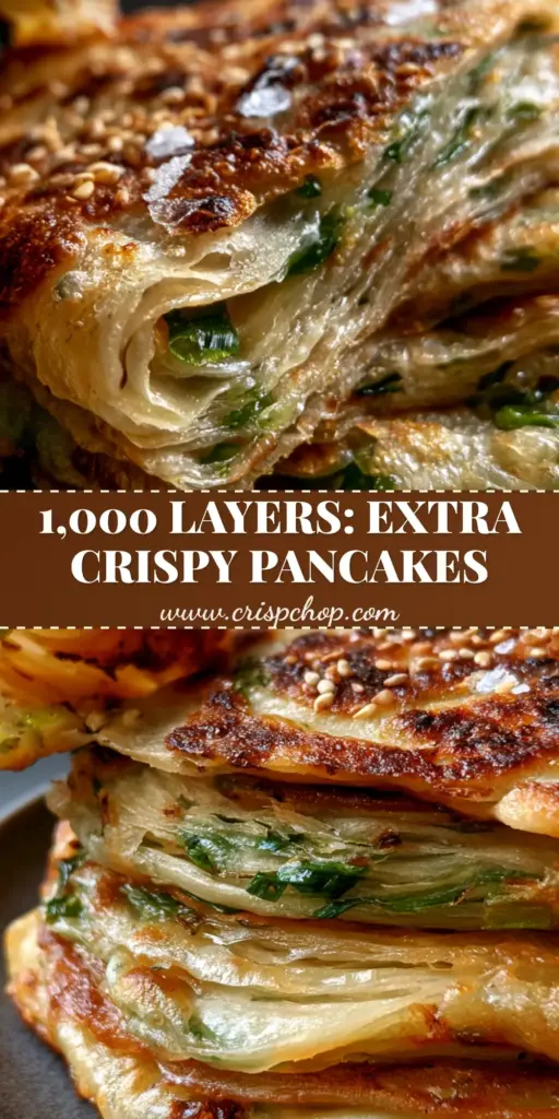 A stack of golden-brown scallion pancakes torn open to reveal hundreds of flaky layers and bright green scallions. (Scallion pancakes)