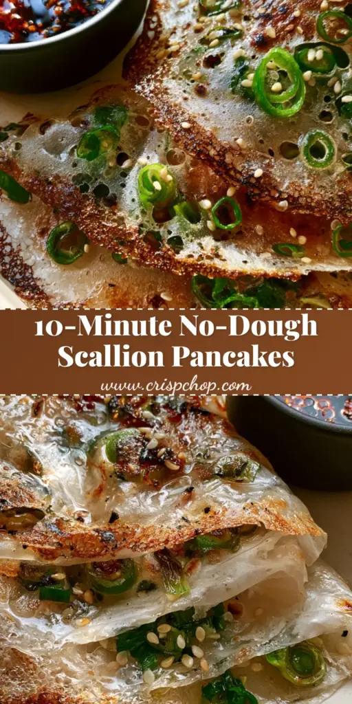 A stack of three crispy Rice Paper Scallion Pancakes with visible charred scallion rings and sesame seeds on a cream plate with dark dipping sauce.