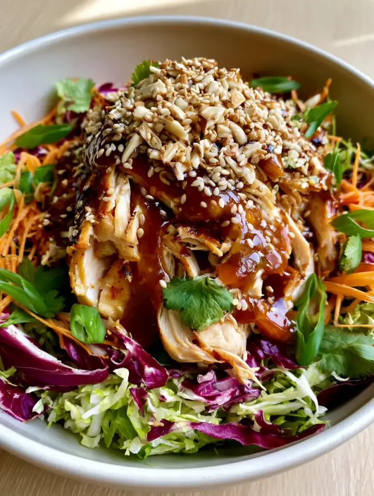 Top down photo of Asian Chicken Salad with shredded rotisserie chicken and julienned carrots.