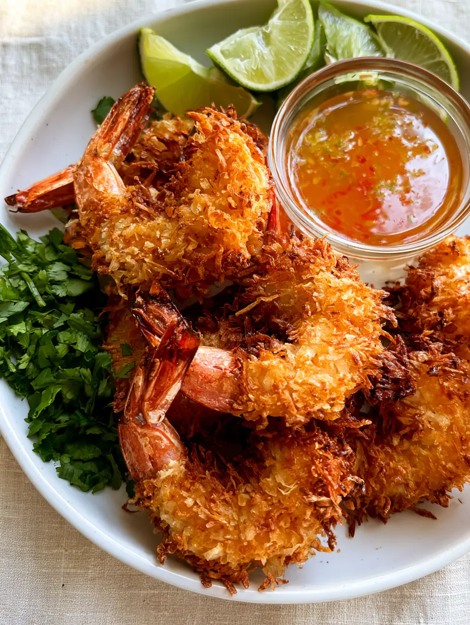 High-angle view of golden-brown coconut shrimp with lime wedges and cilantro. (Coconut shrimp)