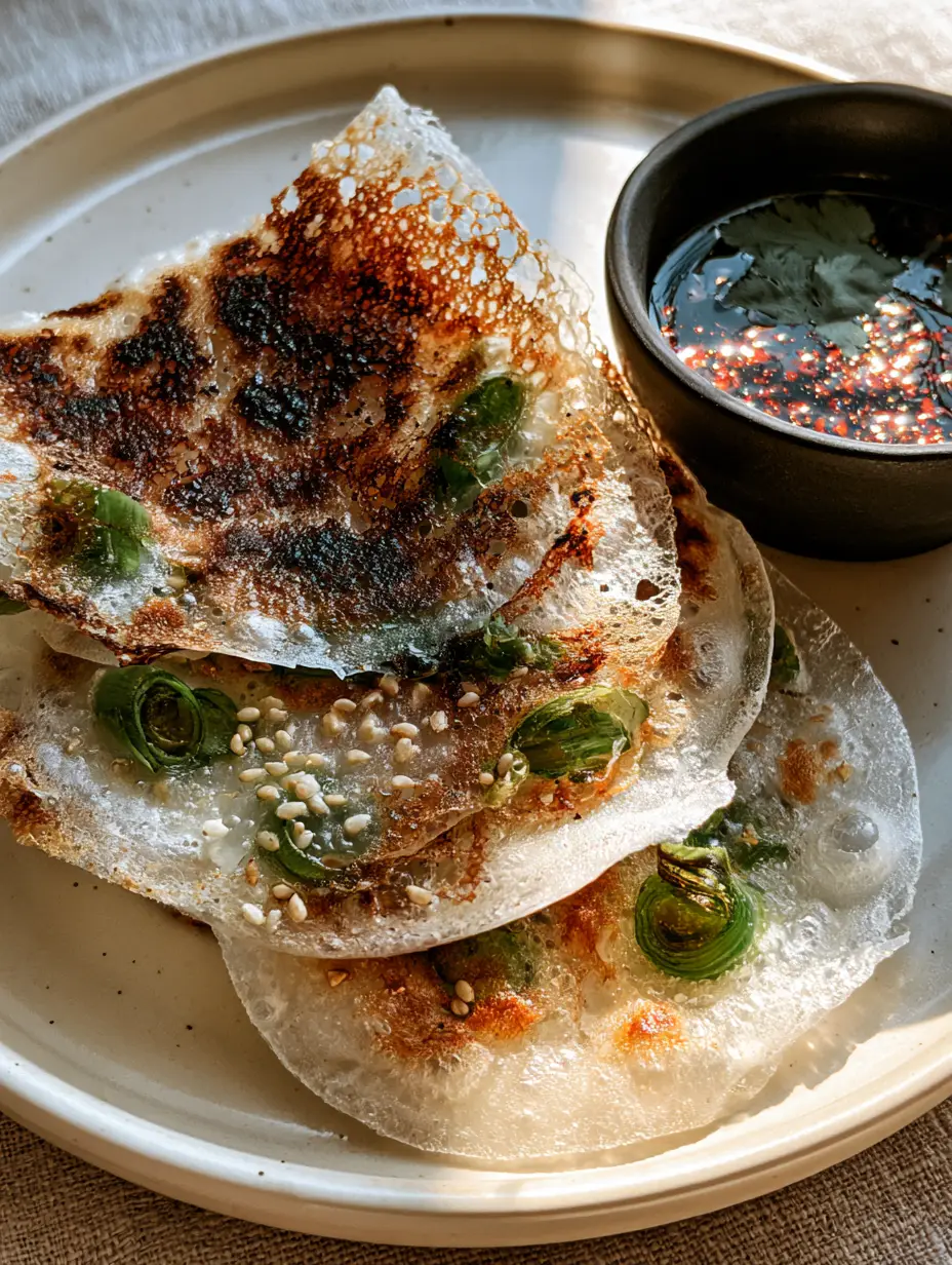 Top-down view of Rice Paper Scallion Pancakes showing air bubbles and golden-brown charred lace edges.