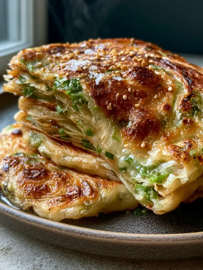 Extreme close-up of a stacked scallion pancake showing shattered-glass crispy bubbles and charred spots. (Scallion pancakes)
