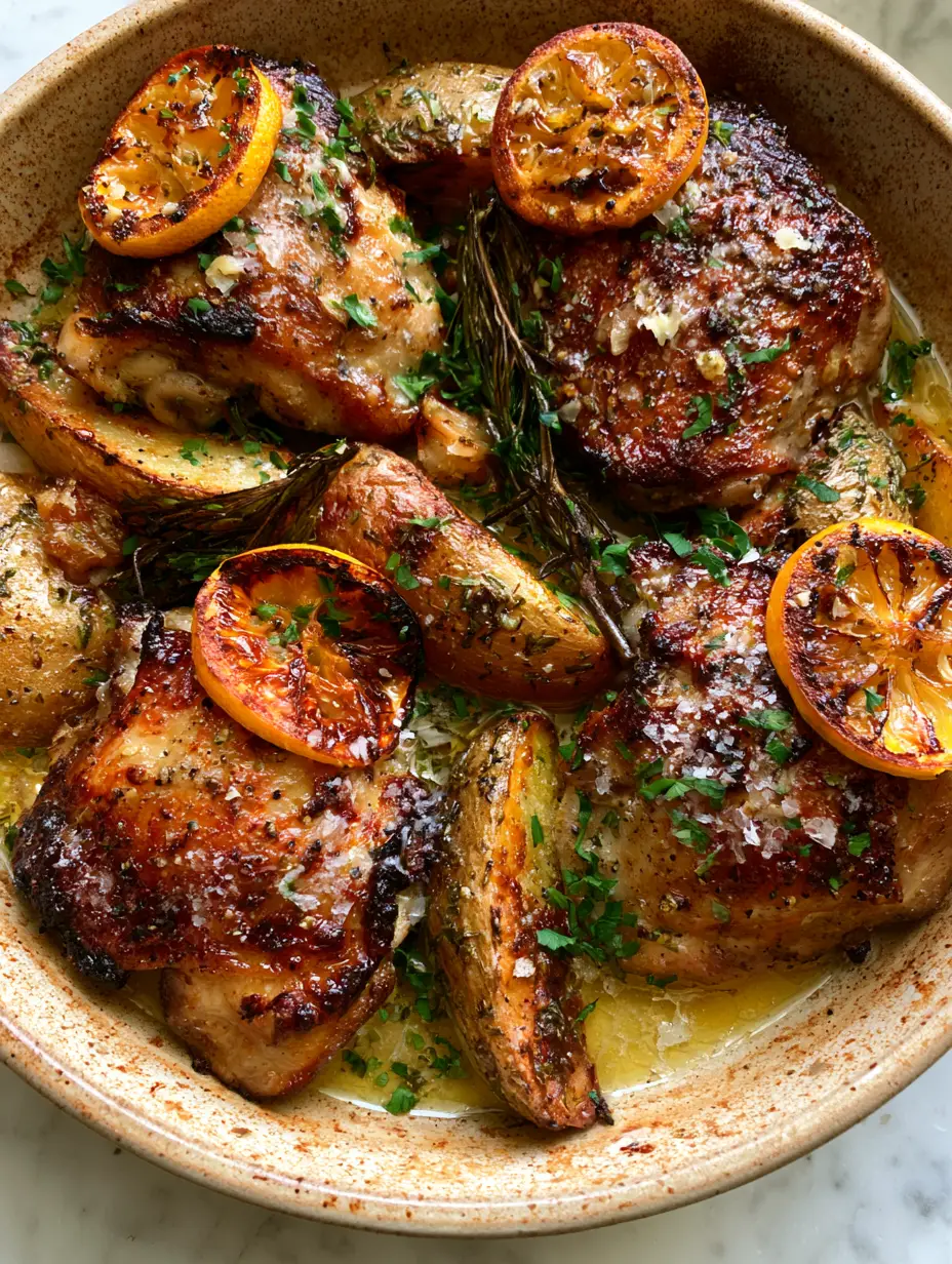 Top-down view of Lemon garlic roast chicken in a ceramic pan featuring deep golden-brown skin and charred rosemary sprigs.