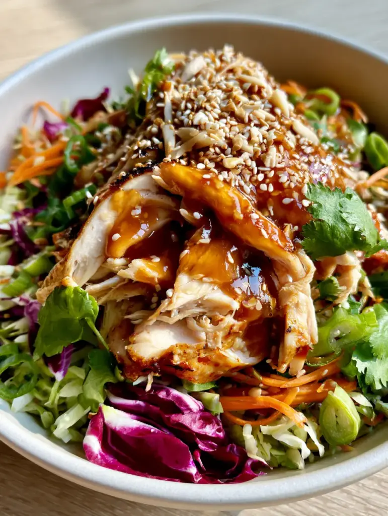 Close up of glossy sesame ginger dressing drizzled over golden chicken in an Asian Chicken Salad.