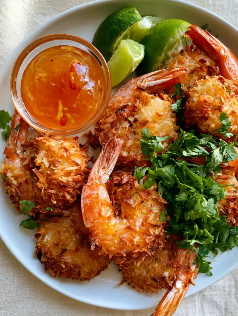 A smartphone photo of Coconut shrimp served on a neutral white plate with a side of orange dipping sauce.