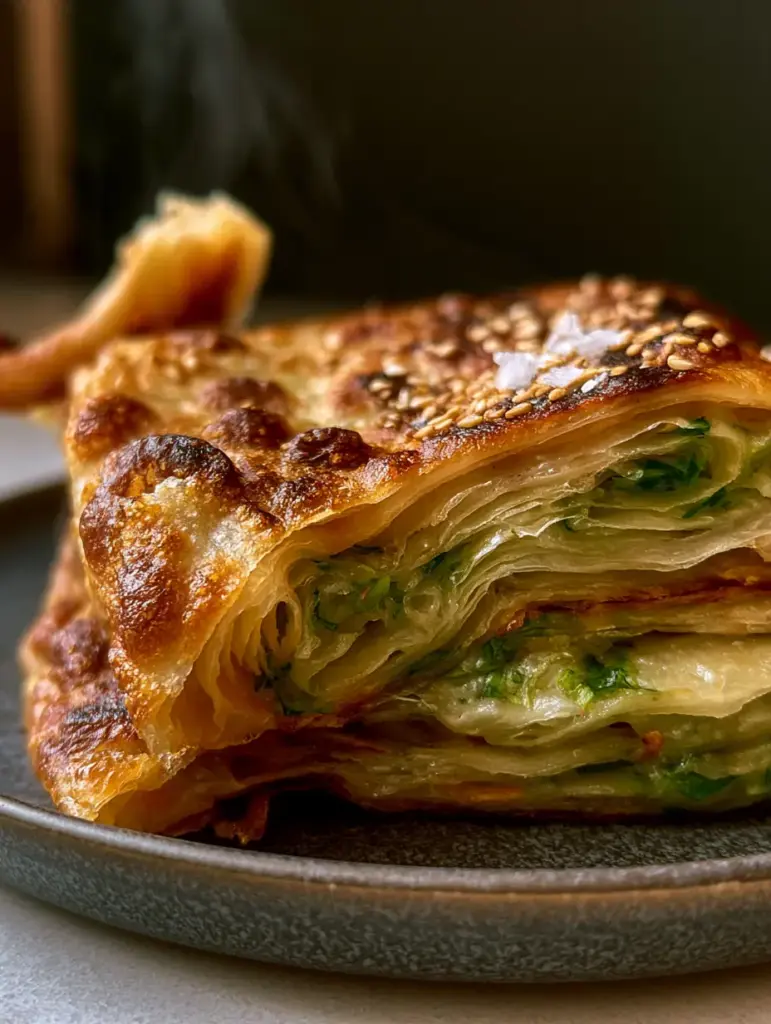Side view of a laminated scallion pancake being lifted with steam rising and toasted sesame seeds on top.