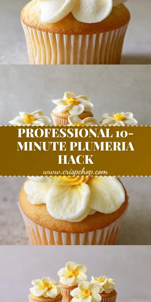 A vertical split-frame showing a close-up of a plumeria cupcake with white petals and a yellow center, and a collection of four cupcakes on a white pedestal. (plumeria cupcakes)