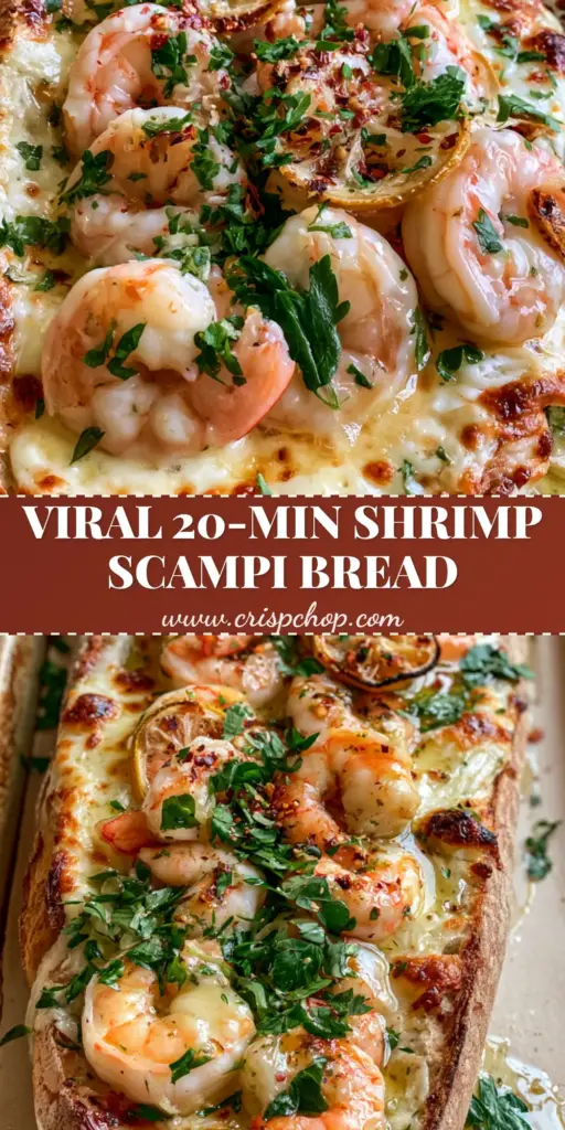 Shrimp Scampi Garlic Bread: The Ultimate Cheesy Seafood Appetizer 4 A close-up of a rustic sheet pan featuring shrimp scampi garlic bread with bubbling mozzarella, charred lemon wheels, and fresh parsley.