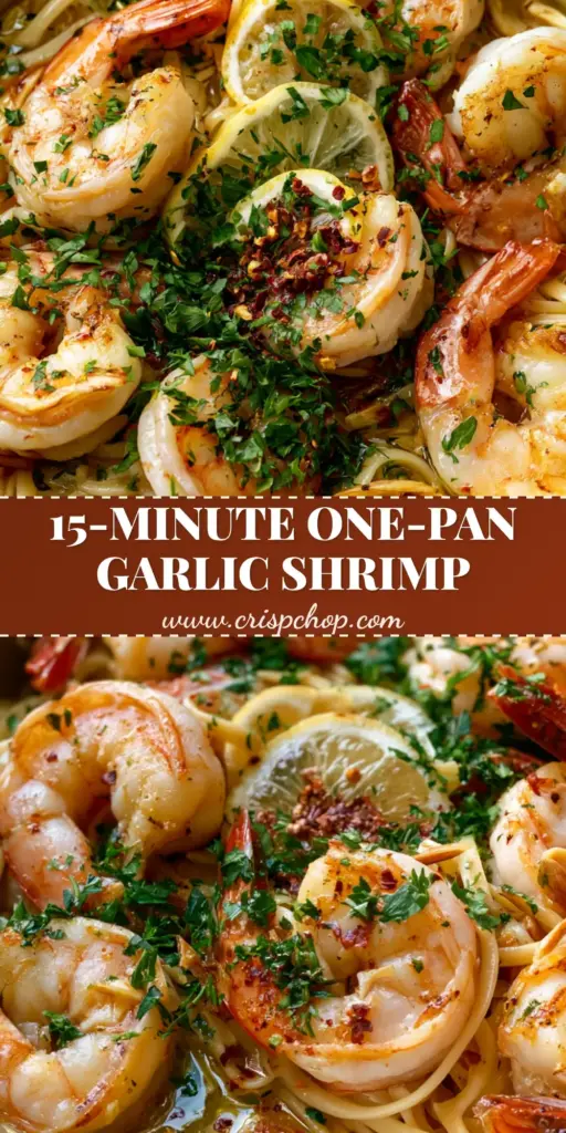 A high-angle photo of Quick Shrimp Scampi in a stainless steel skillet featuring seared jumbo shrimp, glossy linguine, and lemon wheels.