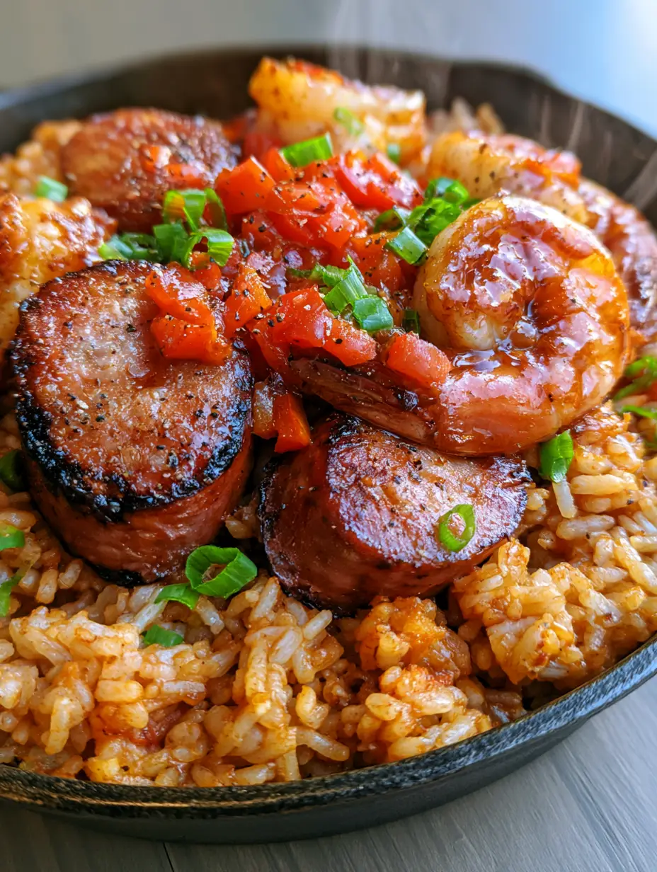 Close-up of fluffy individual grains of reddish-gold jambalaya rice with succulent pink shrimp and scallions. (Jambalaya)