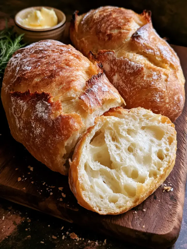 Hand-torn French bread revealing large irregular air bubbles in the white crumb with a wisp of steam.