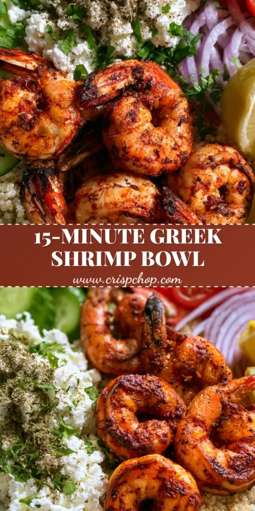 A vibrant Greek Shrimp Mediterranean Bowl with spice-rubbed shrimp, fluffy quinoa, and fresh feta cheese on a white ceramic dish.