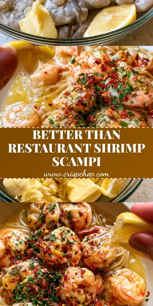 A close-up vertical shot of shrimp scampi featuring seared jumbo shrimp over linguine with lemon rounds and parsley.