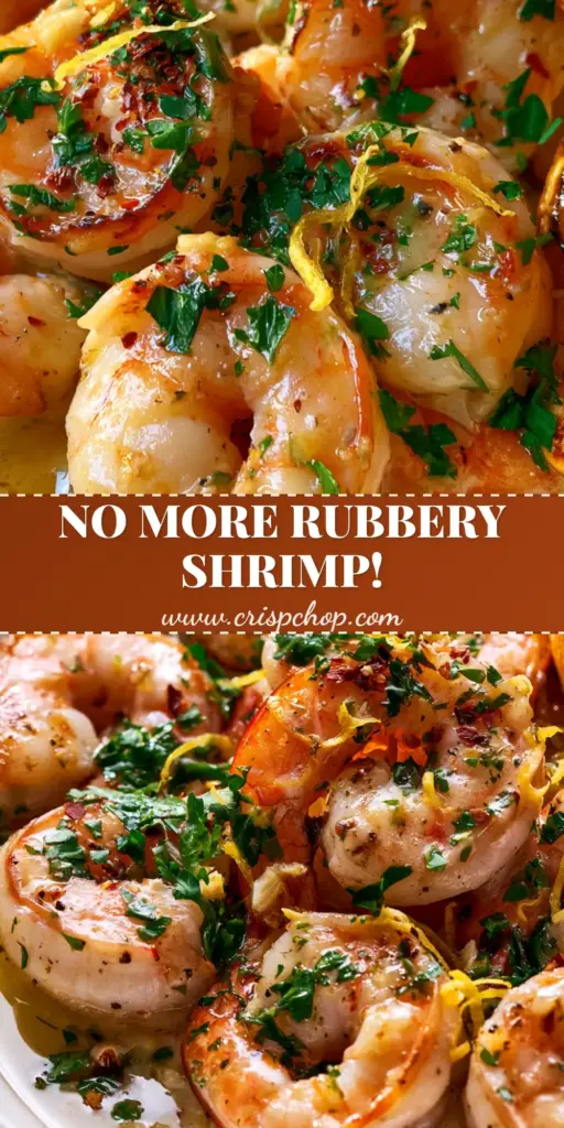 A close-up of Garlic Butter Shrimp Scampi with flash-seared jumbo shrimp, toasted garlic bits, and fresh parsley in a white bowl.