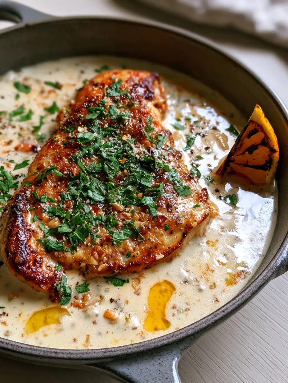 Close-up of a pan-seared Chicken dish showing caramelized edges and thick ivory sauce.