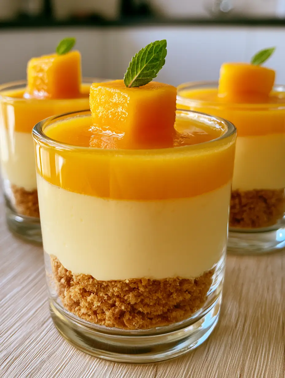 Close-up handheld photo of elegant mini glass dessert cups showing distinct layers of crumbs and mango. (mini mango cheesecake cups)