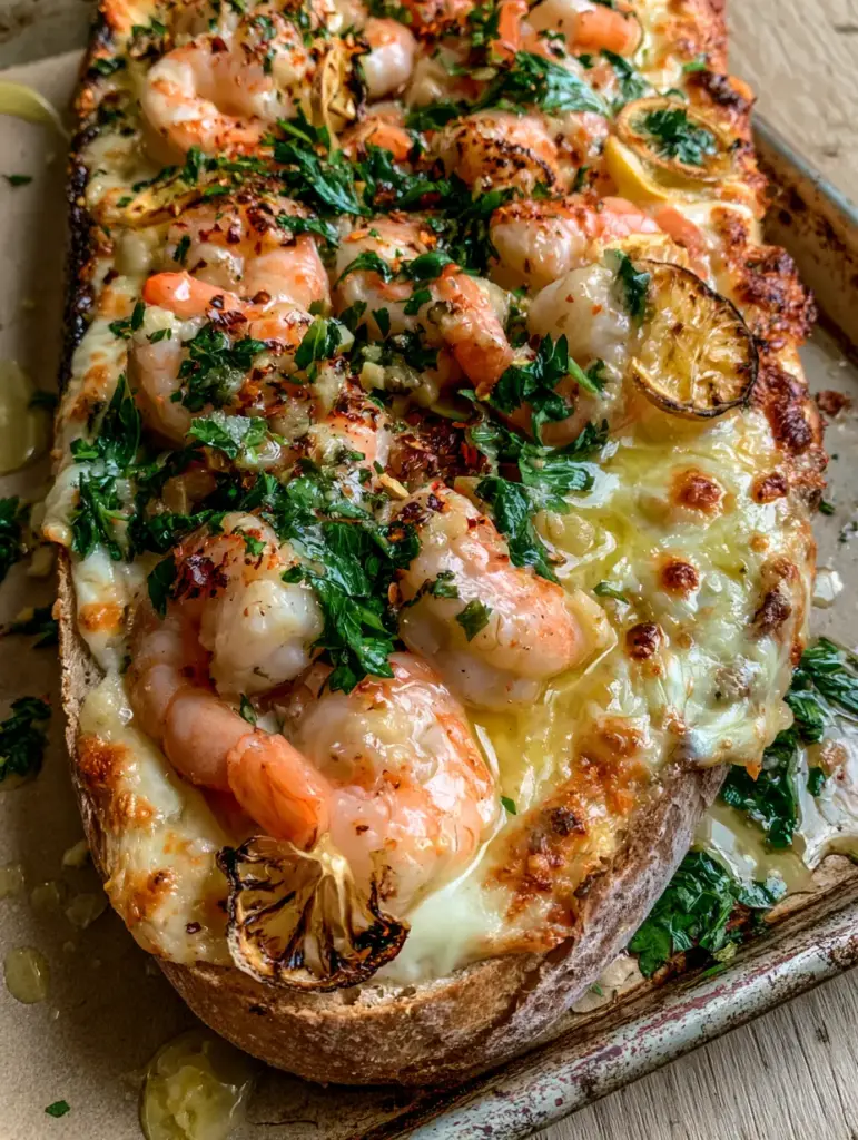 Shrimp Scampi Garlic Bread: The Ultimate Cheesy Seafood Appetizer 2 Top-down view of large seared pink shrimp nestled in bubbling melted cheese on a crusty Italian baguette. (shrimp scampi garlic bread)