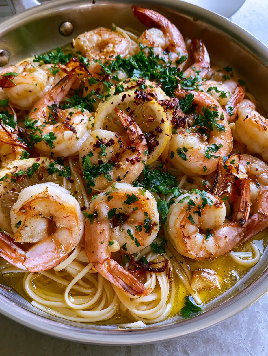 Close-up of Quick Shrimp Scampi showing succulent jumbo shrimp with golden-brown seared edges on a bed of buttered pasta.
