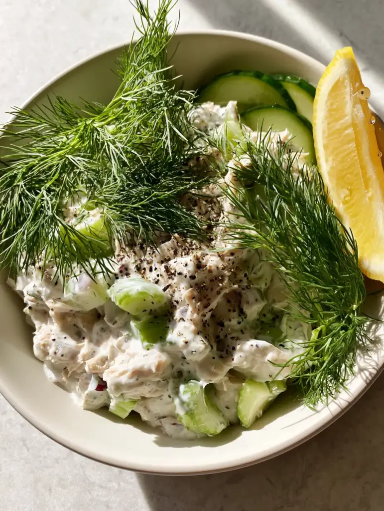 Close up of creamy high protein tuna salad texture with purple onions and black pepper.
