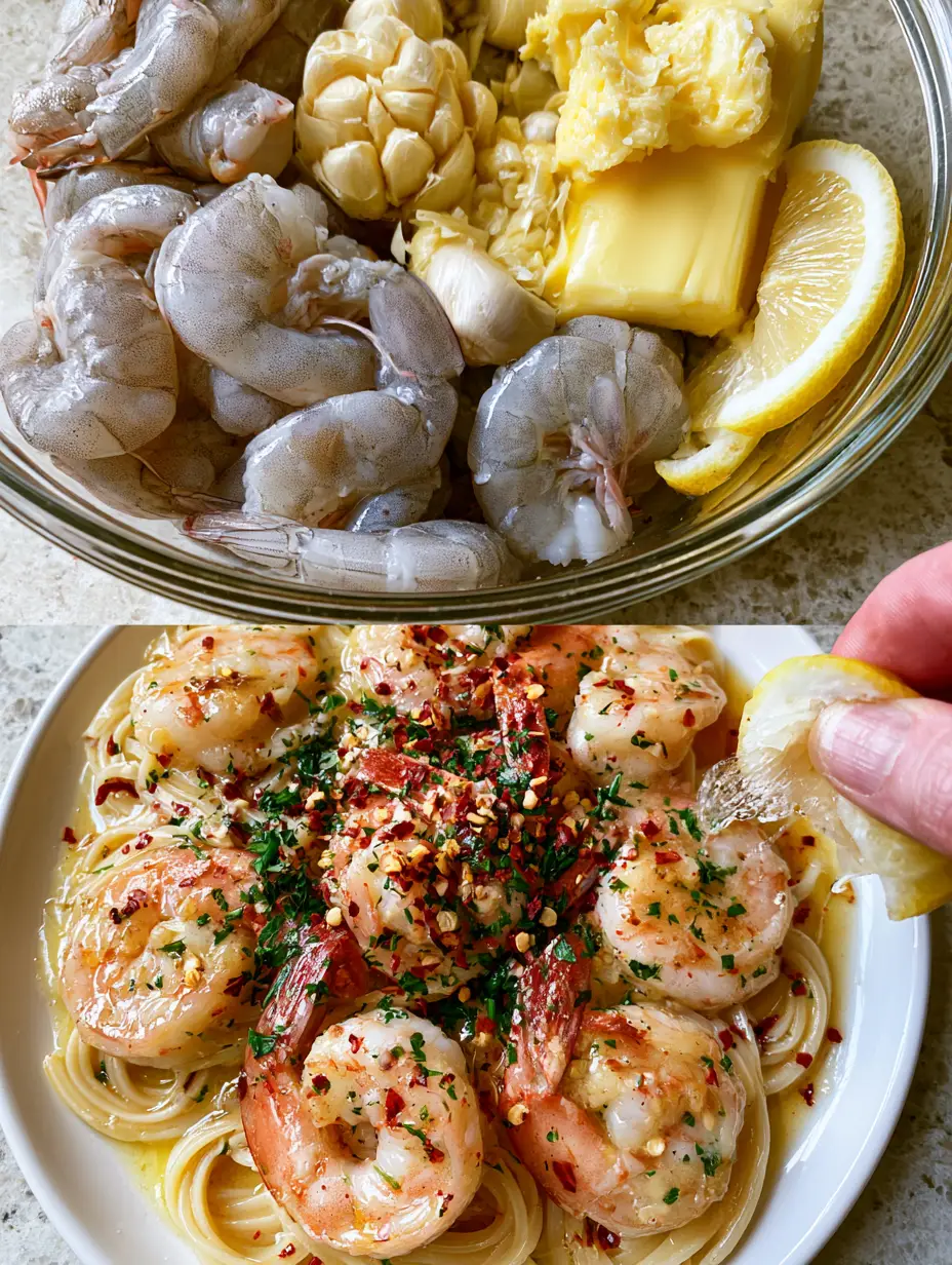 Split screen showing raw shrimp, garlic and butter on top, and the finished shrimp scampi on the bottom.