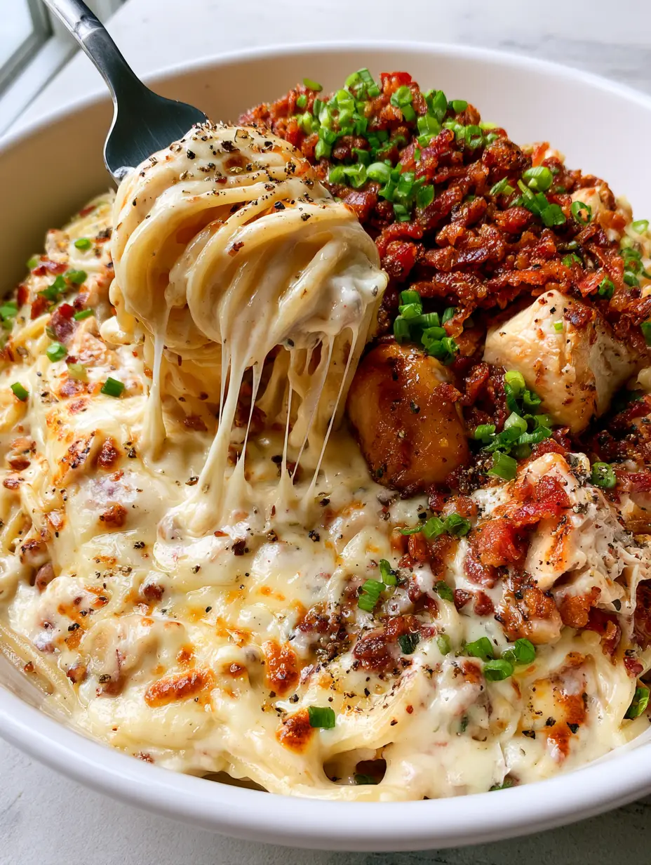 A 45-degree angle smartphone photo of creamy Monterey Chicken Spaghetti in a white bowl with glossy ivory sauce, golden chicken chunks, and green scallions.