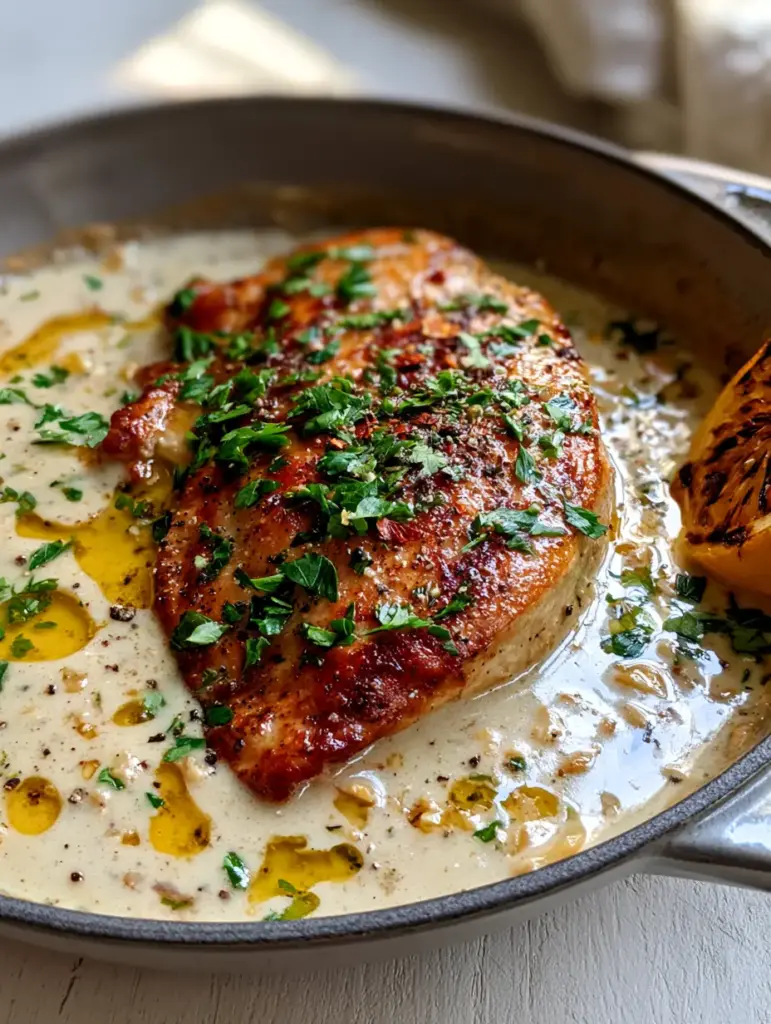 A handheld photo of the completed Chicken dish in a rustic cast iron skillet with a charred lemon.